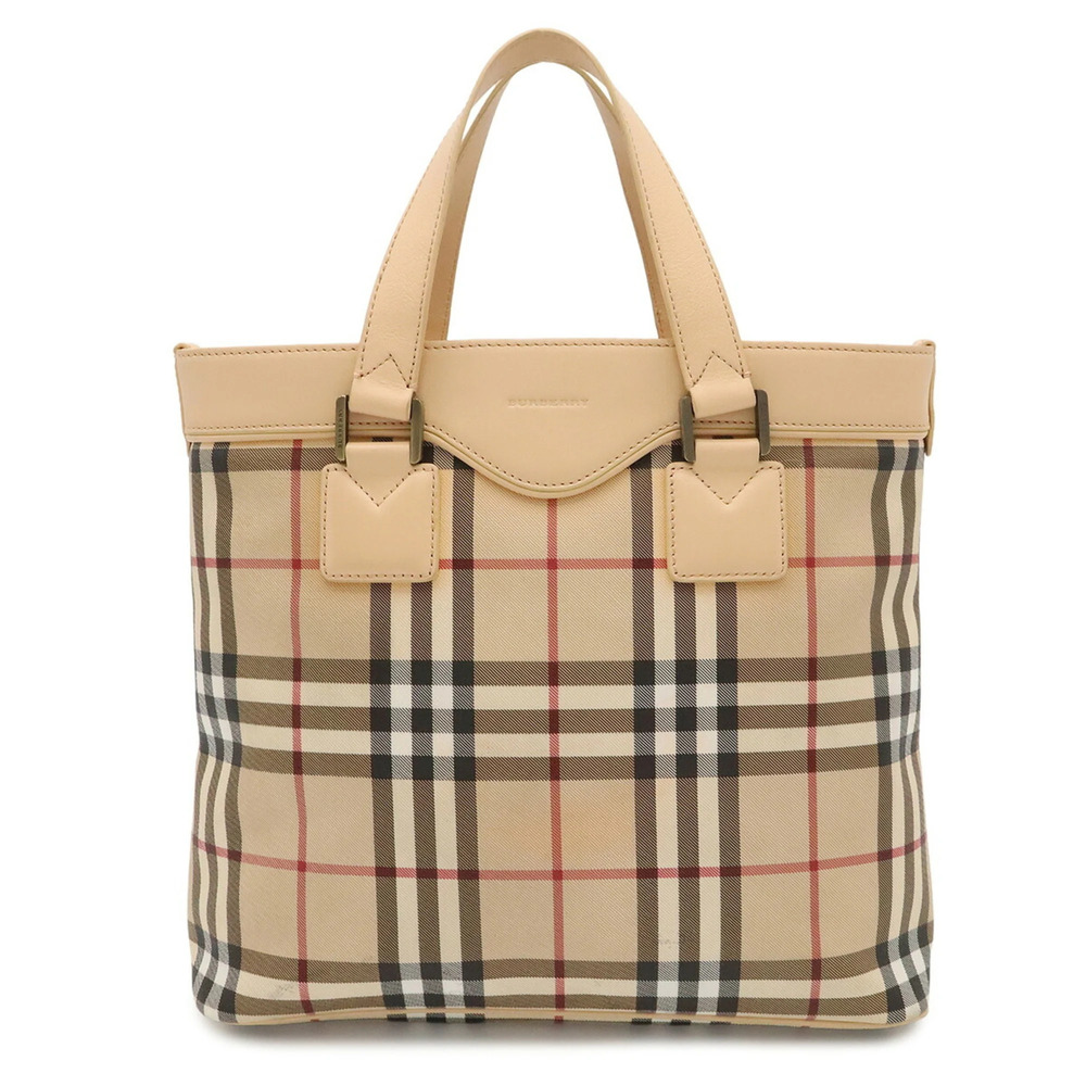 BURBERRY Nova Check Tote Bag/Handbag in Leather, Peach Beige, Black, and Bord...